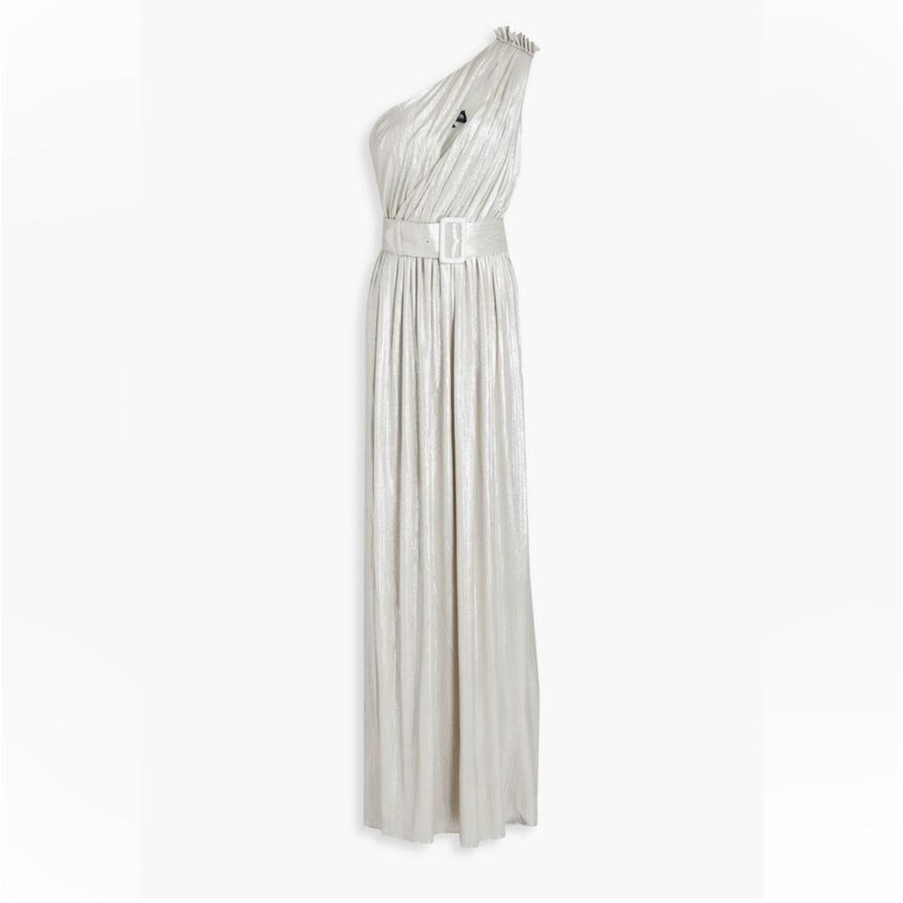 Retrofete Platinum Andrea One Shoulder Pleated Metallic Jersey Gown Small - Picture 3 of 14